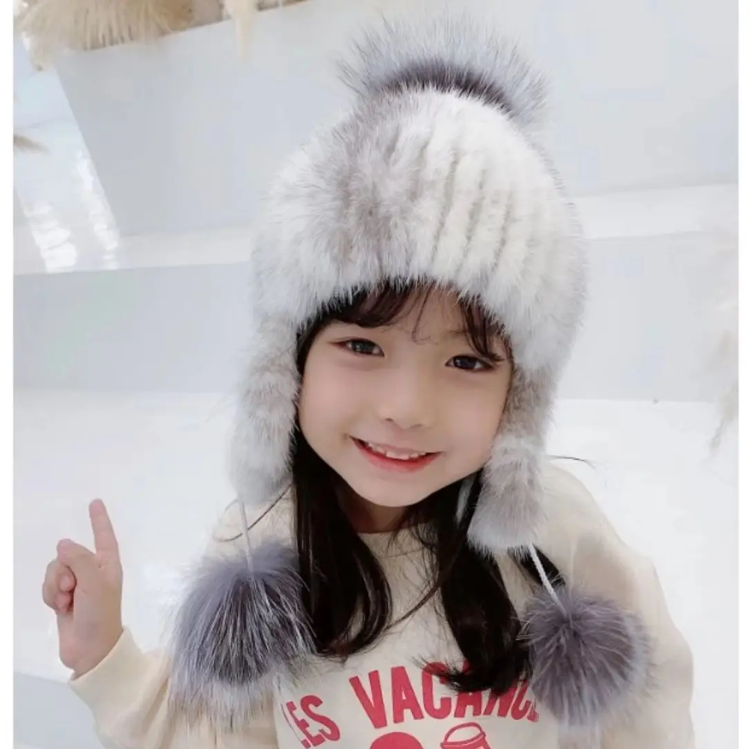Children's Autumn Winter Earflap Hat Warm Real Mink Fur Hats For Kids Knitted Spiral Beanies Cap With Fox Fur Pompom On The Top