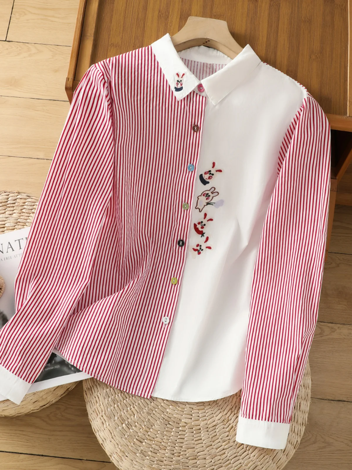 Coupe ample rayure brodé pur coton femmes irt Vintage artistique polyvalent Patchwork décontracté Long Sve boutonné