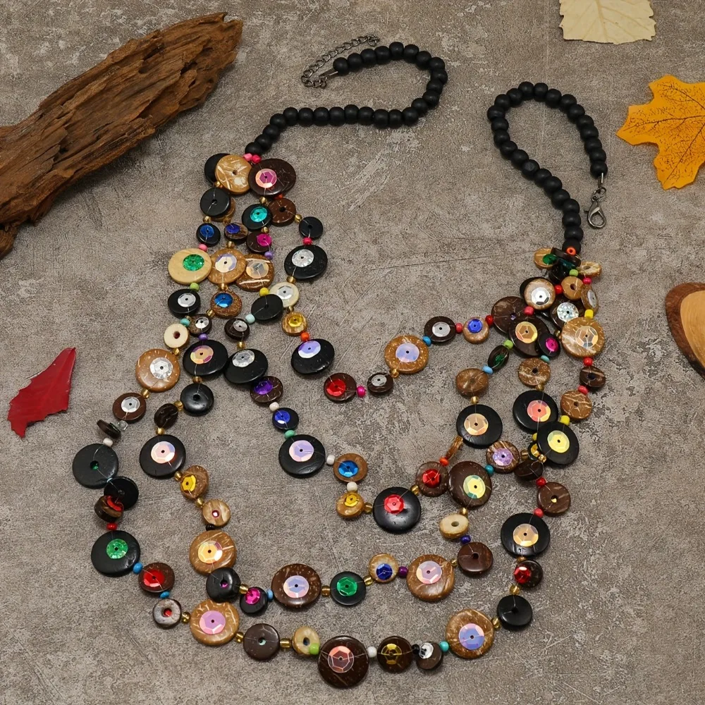 Bohemian national wind multi-layer coconut shell beaded necklace female long, wood beads may have small flaws, uneven color