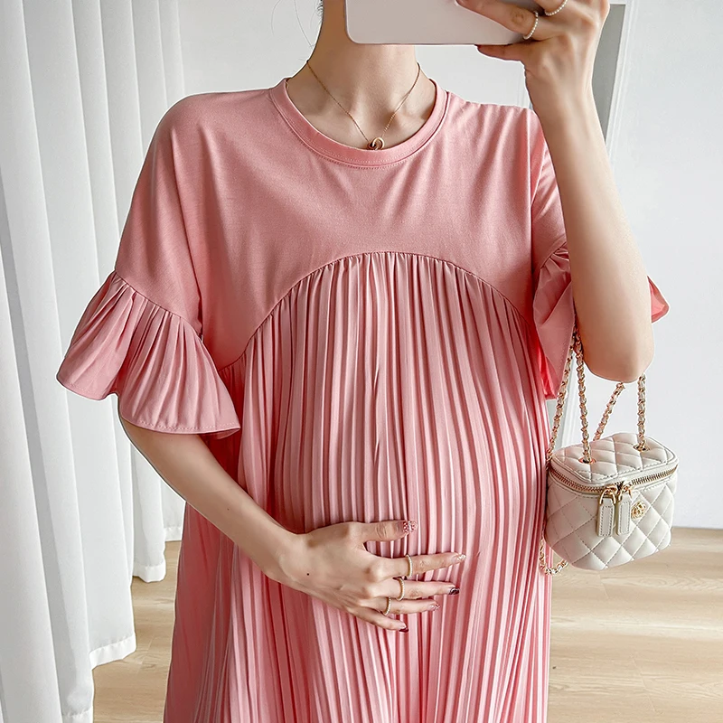 2302# 2023 Summer Korean Fashion Maternity Dress Patchwork Pleat Large Size Loose Clothes for Pregnant Women Pregnancy Oversize