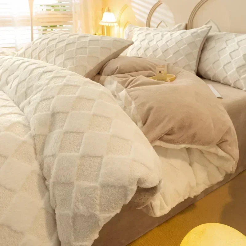 3D Jacquard Diamond Plush Bed Set Winter Short Plush Four Piece Set Thick Bed Sheets and Duvet Covers Pillowcase Home Textile