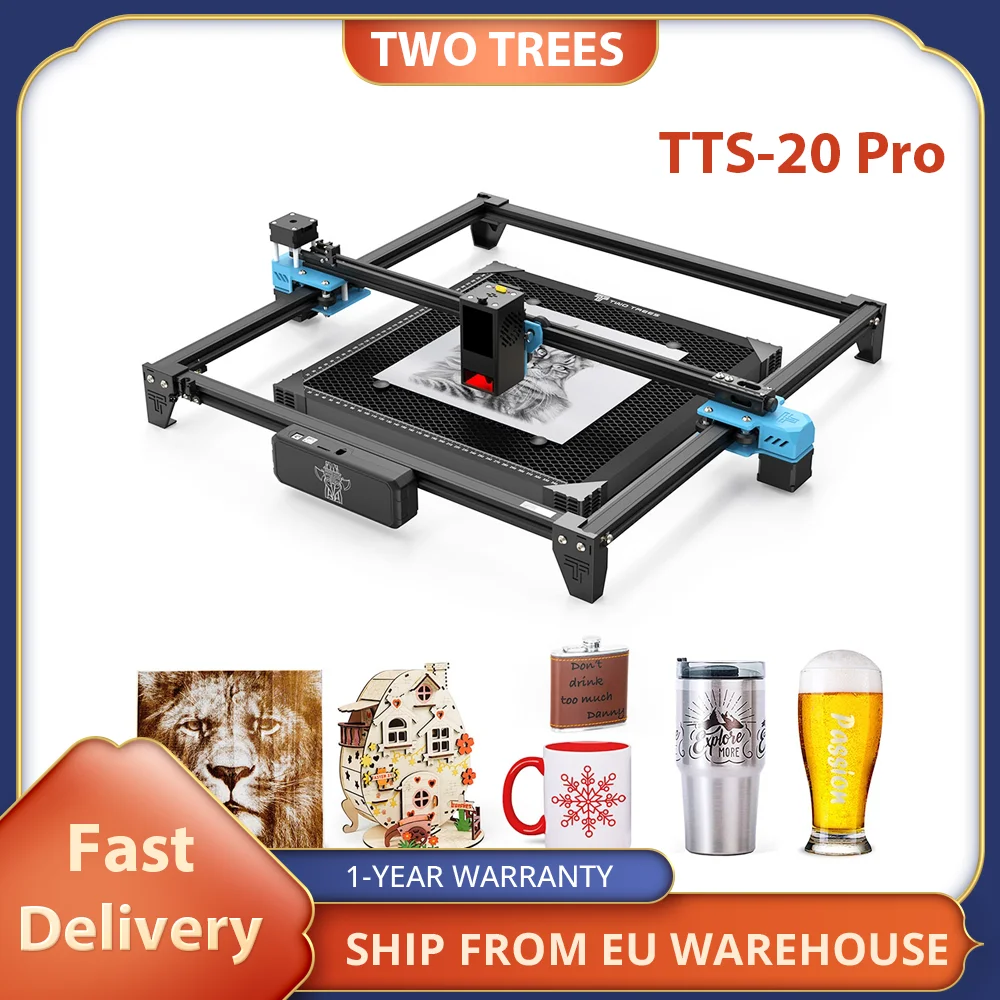 TWO TREES TTS-20 Pro 20W Laser Engraver Cutter with Air Assist Kit, Laser Bed,500mm/s Engraving Speed,0.1MM Accuracy, 418x418mm