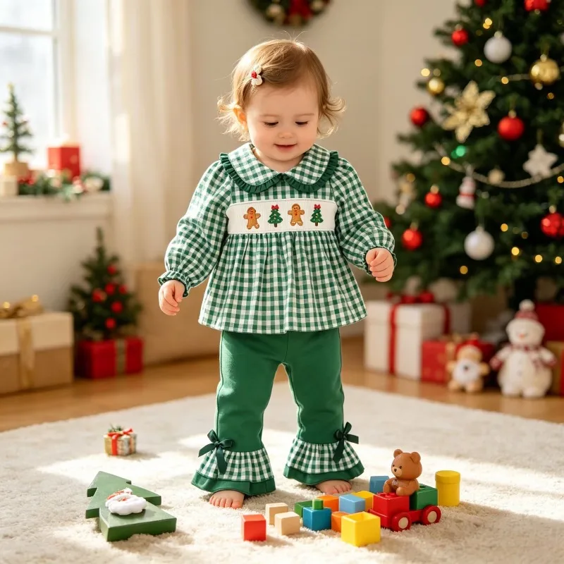 2Pcs Toddler Girls Christmas Autumn Outfit Embroidered Plaid Top Spliced Flare Pants Kids Festival Casual Clothing Set