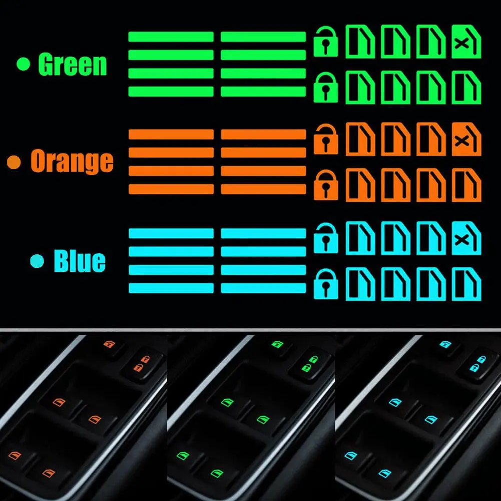 18Pcs/set Car Luminous Door Window Lift Button Stickers Car Windows Control Panel Decals Car Interior Sticker Auto Accessories