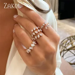 ZAKOL Fashion 3 Layers Irregular Zirconia Open Rings for Women Silver Color Ring Rectangle Shinny Jewelry
