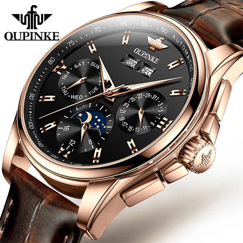 OUPINKE Top Brand Automatic Mechanical Male Wristwatch Multifunction Dial Leather Strap Lumionous Men Watch Relogios Masculino