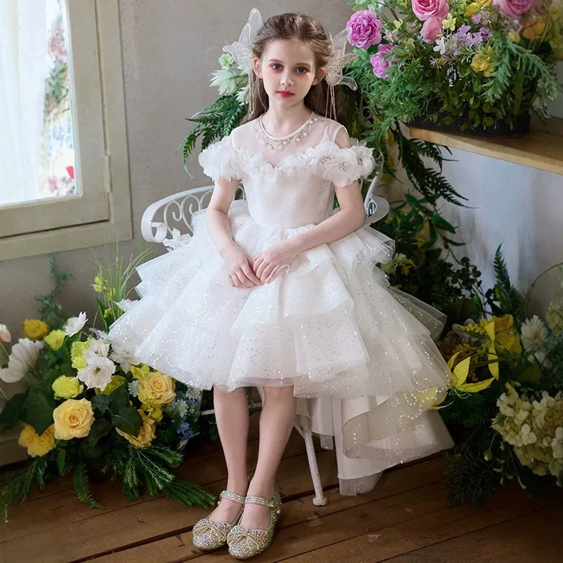 2026 New Children White Floral Girls Princess Gown Wedding Flower Girl KidsPerformance Costume Runway Birthday Tutu Host Piano