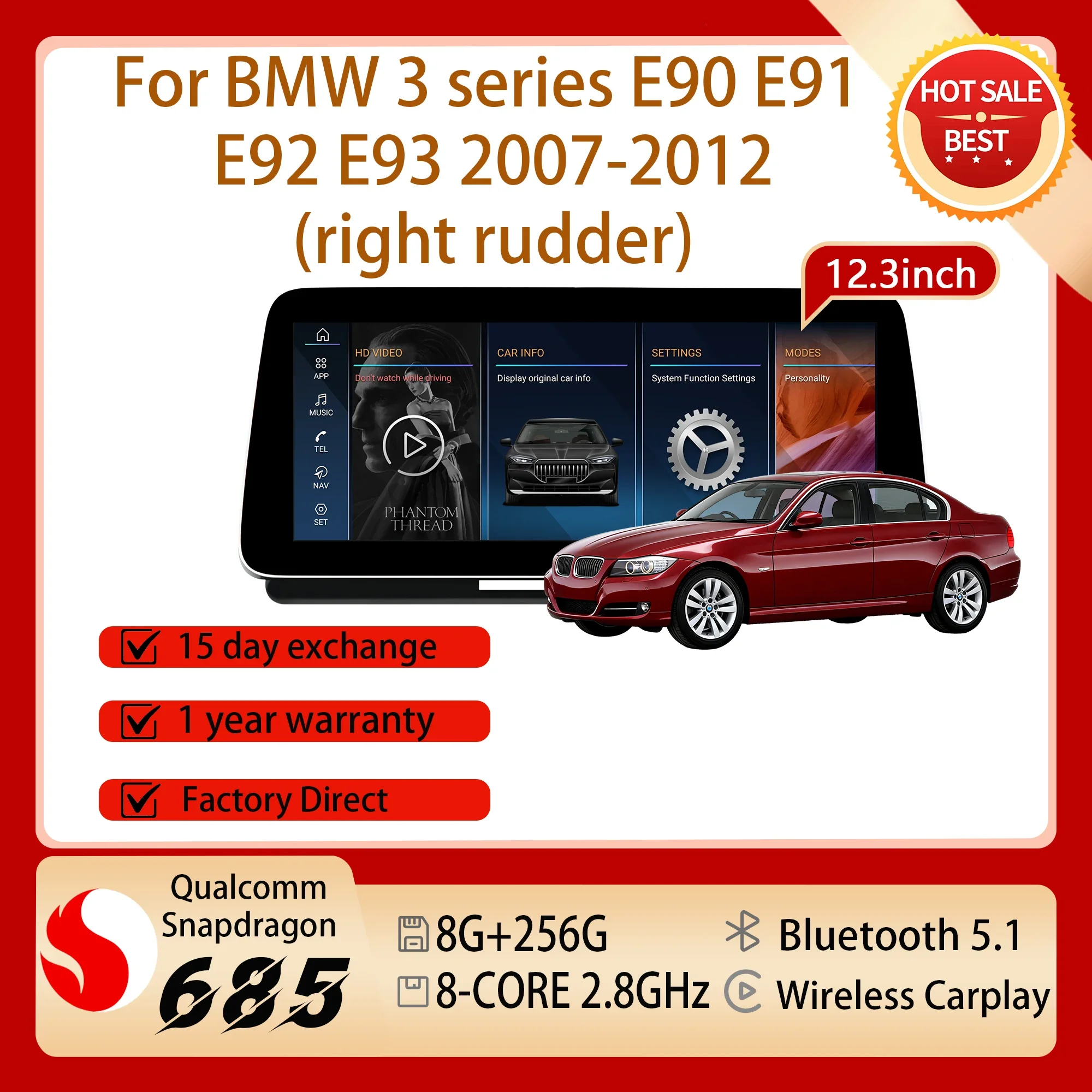 12.3'' Right Hand Drive Android 14 Screen Car Radio Multimedia Snapdragon 680 Carplay For BMW 3 series E90 E91 E92 E93 2007-2012