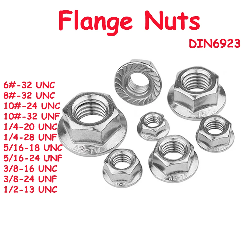 

DIN6923 UNC UNF Thread #6 #8 #10 1/4 5/16 3/8 1/2 Stainless Steel Hexagon Nuts With Flange Pinking Automatic Serrated Nut