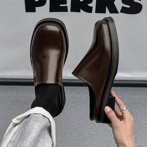 2025 Men's Thick-soled Height Increase Outdoor Half-drag Square Head One-pedal Leather Commuter Casual Slippers Derby Shoes