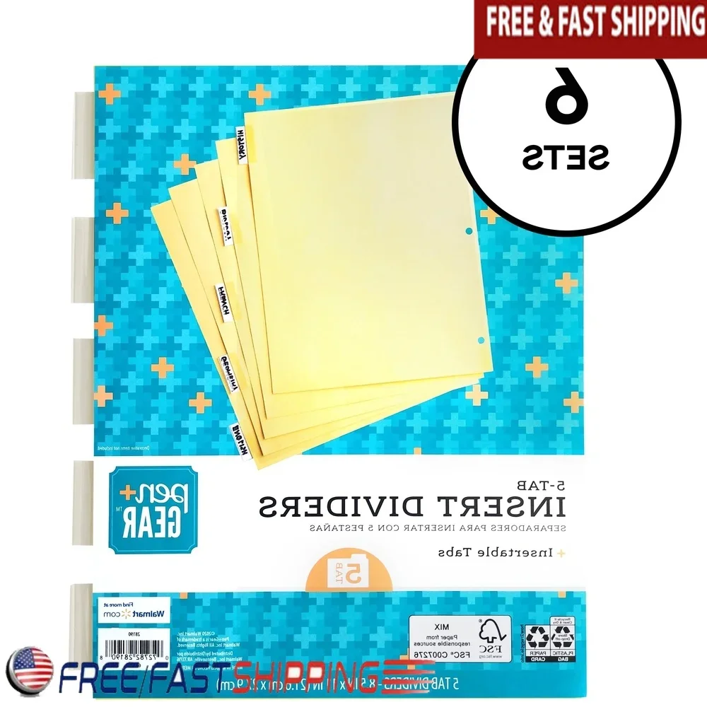 Insertable Paper Dividers 5-Tab Clear Tabs Buff Color 6 Sets Organization Binders School Office Home Use