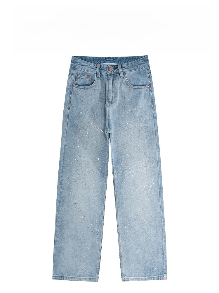 

Джинсы BAIRBAOLIY Heavy Du с прямым кроем и стразами, свободные повседневные брюки, светло-голубой дизайн, городская мода, мужская одежда