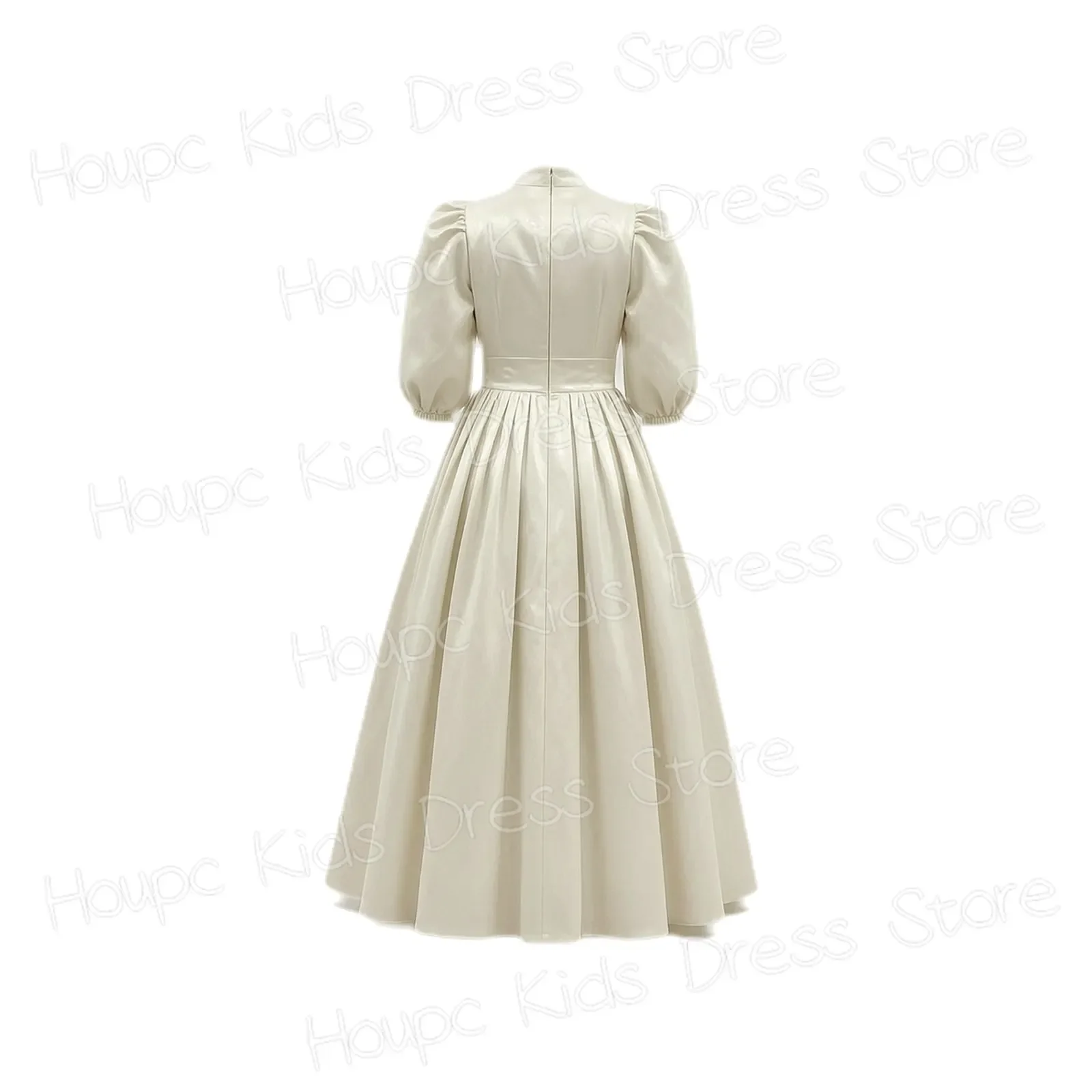 Ivory Flower Girl Dress Princess Style Satin Puffed Sleeve WeddingLace Collar Tea-Length  Party Dress for Girls