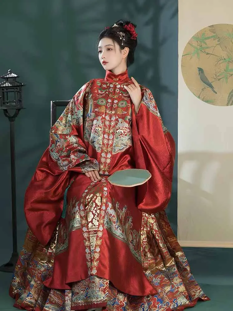 Ming Style Stand Collar Long Jacket Women Red Jacquard Brocade Hanfu Top Wide Sleeve Traditional Chinese Bridal Outerwear