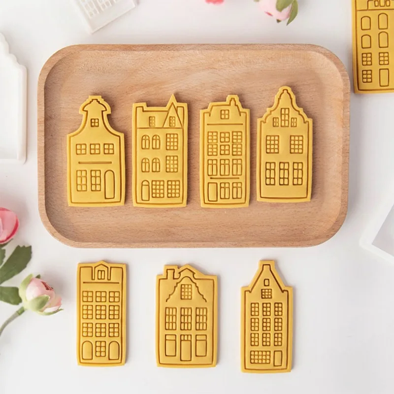 European Retro Architecture Cookie Cutters Amsterdam Buildings Shape DIY Biscuit Stamp Fondant Embosser Cake Decorating Tools