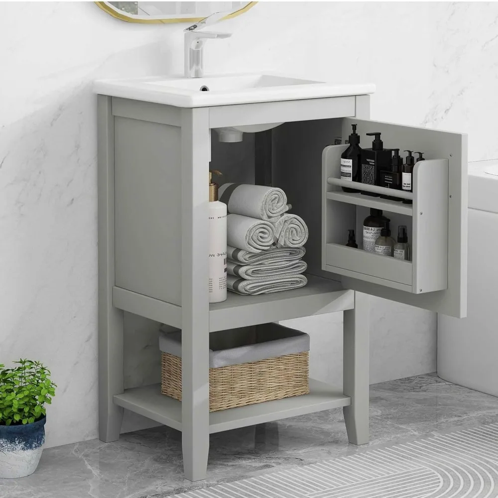 Bathroom Cabinet, 20-Inch, Vanity with Ceramic Sink Countertop, Double Storage Shelves and Open Shelves, Bathroom Vanity