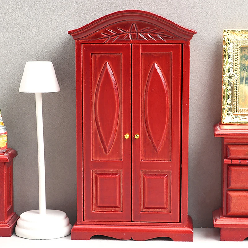 1:12 Dollhouse Miniature Wardrobe Carved Vintage Double-door Cabinet Furniture Model Decor Toy Doll House Accessories