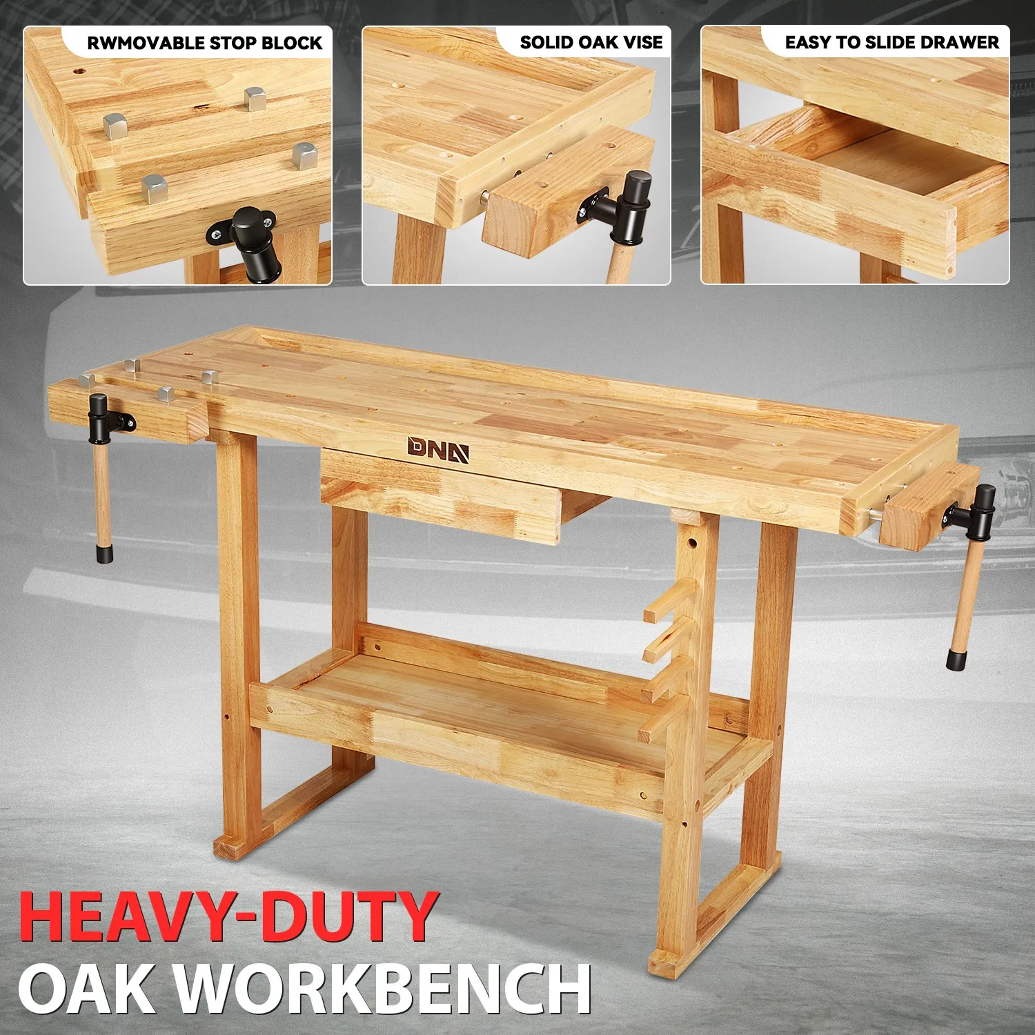 Banco da Lavoro in Rovere Resistente 60" x 25" con Cassetti e 2 Maniglie Regolabili