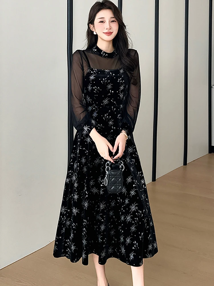 المرأة الكورية خمر هيبورن فستان فاخر الدعاوى الخريف الشتاء الأسود المخملية المرقعة فستان شبكي 2025 أنيقة Bodycon فستان الحفلات