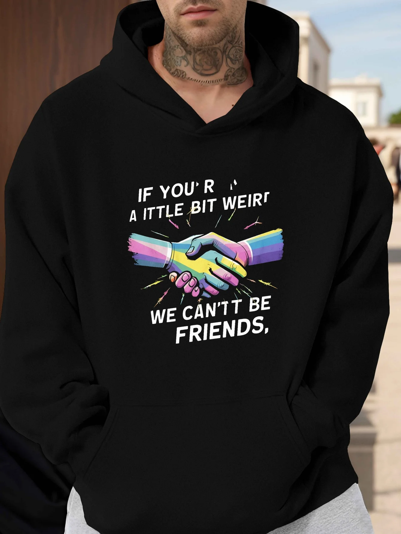 سويت شيرت رجالي بغطاء للرأس برسومات الصداقة الغريبة كاجوال من البوليستر الأخضر مع جيب الكنغر قابل للغسل في الغسالة #1