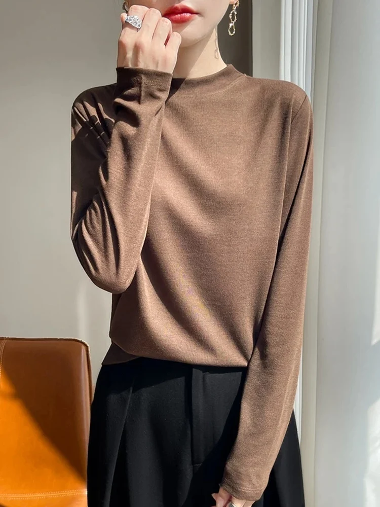 Minimalist Breathable Rayon from Lenzing Women's Knitted Base Shirt Half High Collar Versatile Inner Wear Top White Trendy
