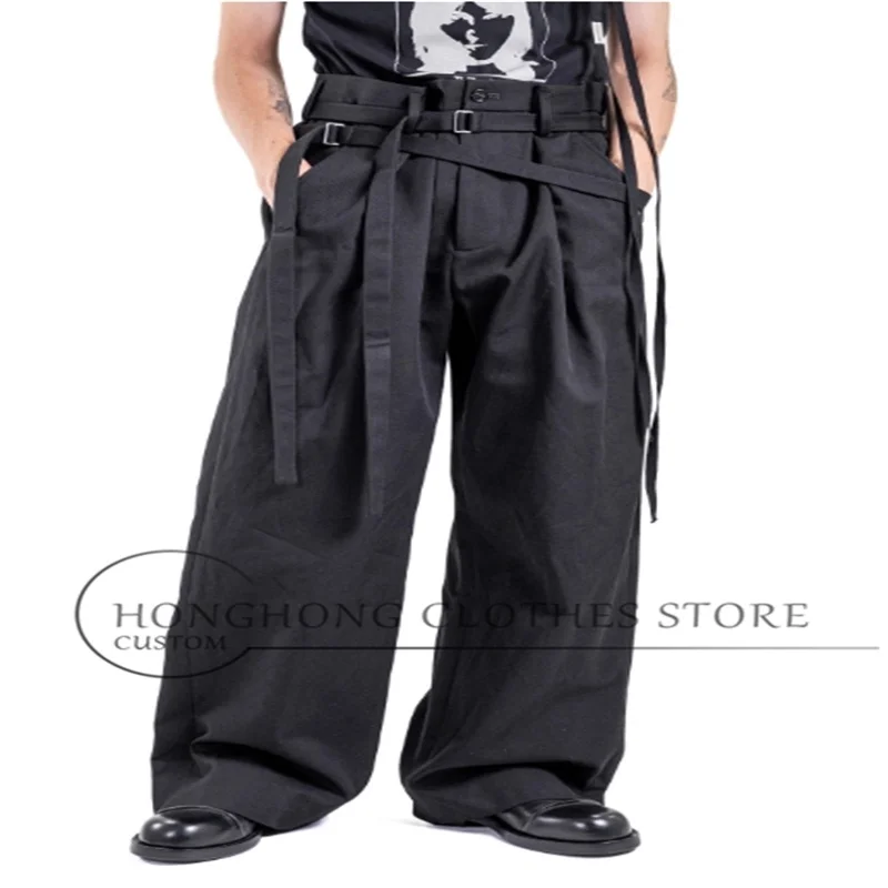 

New lace-up design straight-leg black loose high-waisted trousers, pure cotton casual pants for men