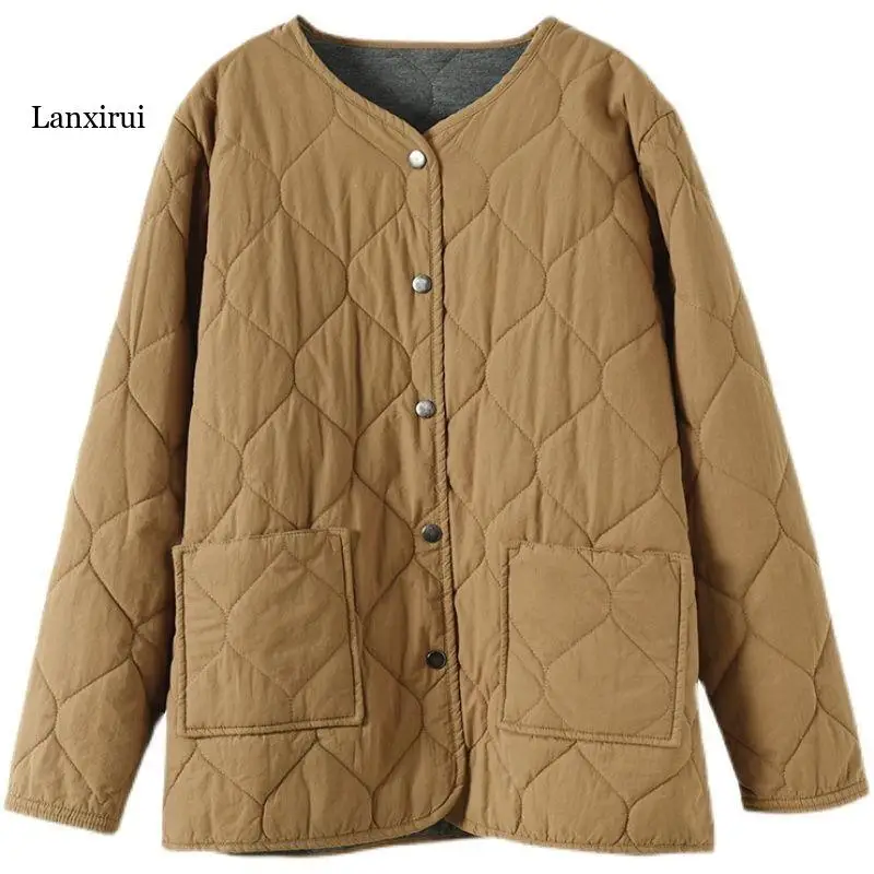 Parka acolchada Retro para mujer, chaqueta Lisa minimalista con botones a presión, abrigo acolchado fino de algodón, Parka cálida para invierno