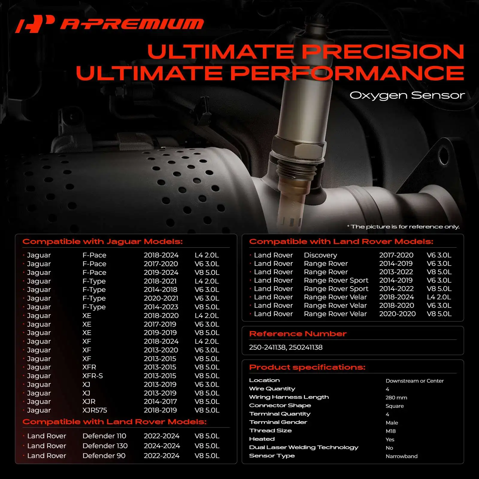 A-Premium Downstream or Center O2 Oxygen Sensor for Land Rover Range Rover Jaguar F-Pace