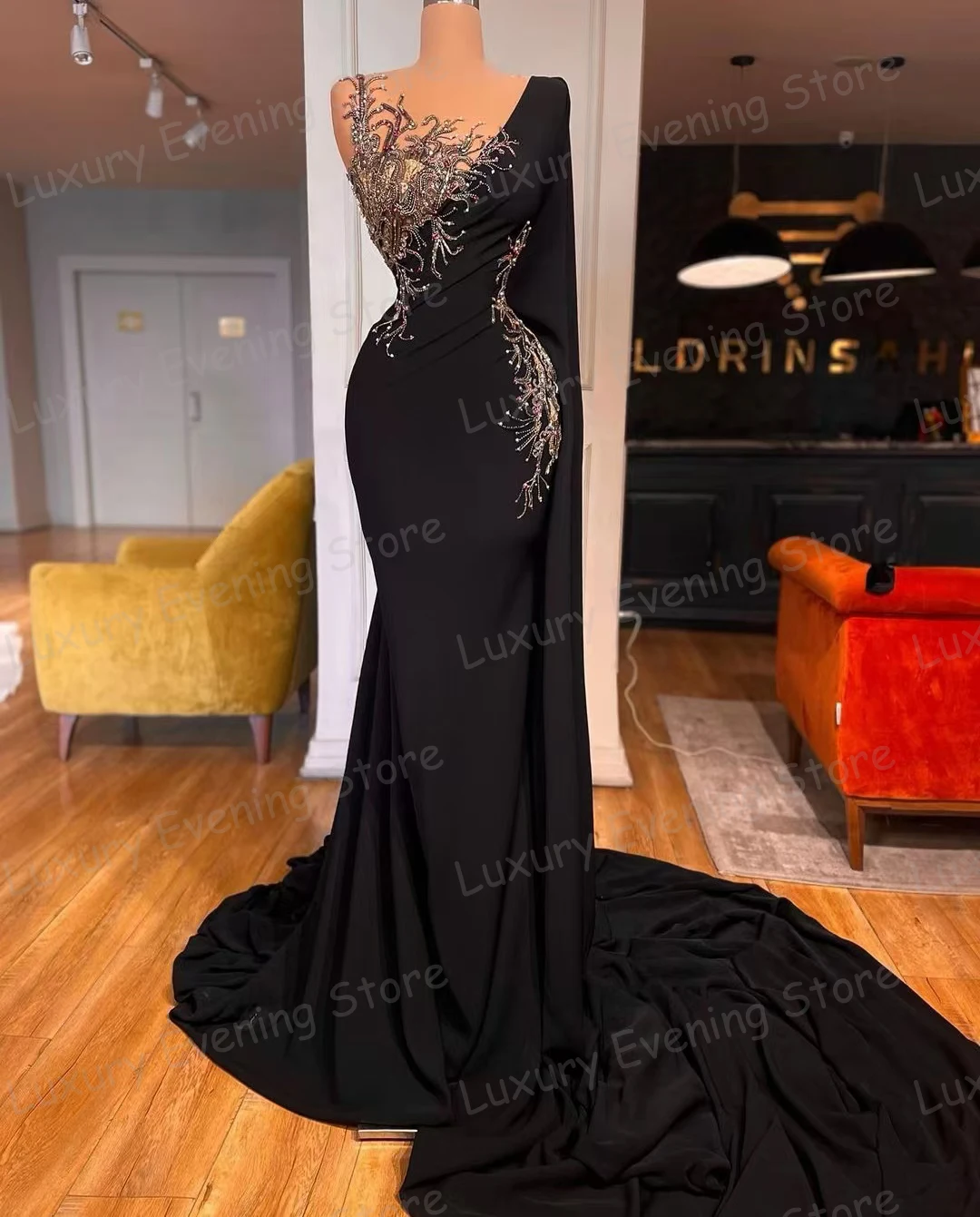 Glisten Applique Evening Dresses Mermaid Sexy Long Sleeve Sequined Satin Sweep Train Prom Gowns Fashion Party Vestido Customized