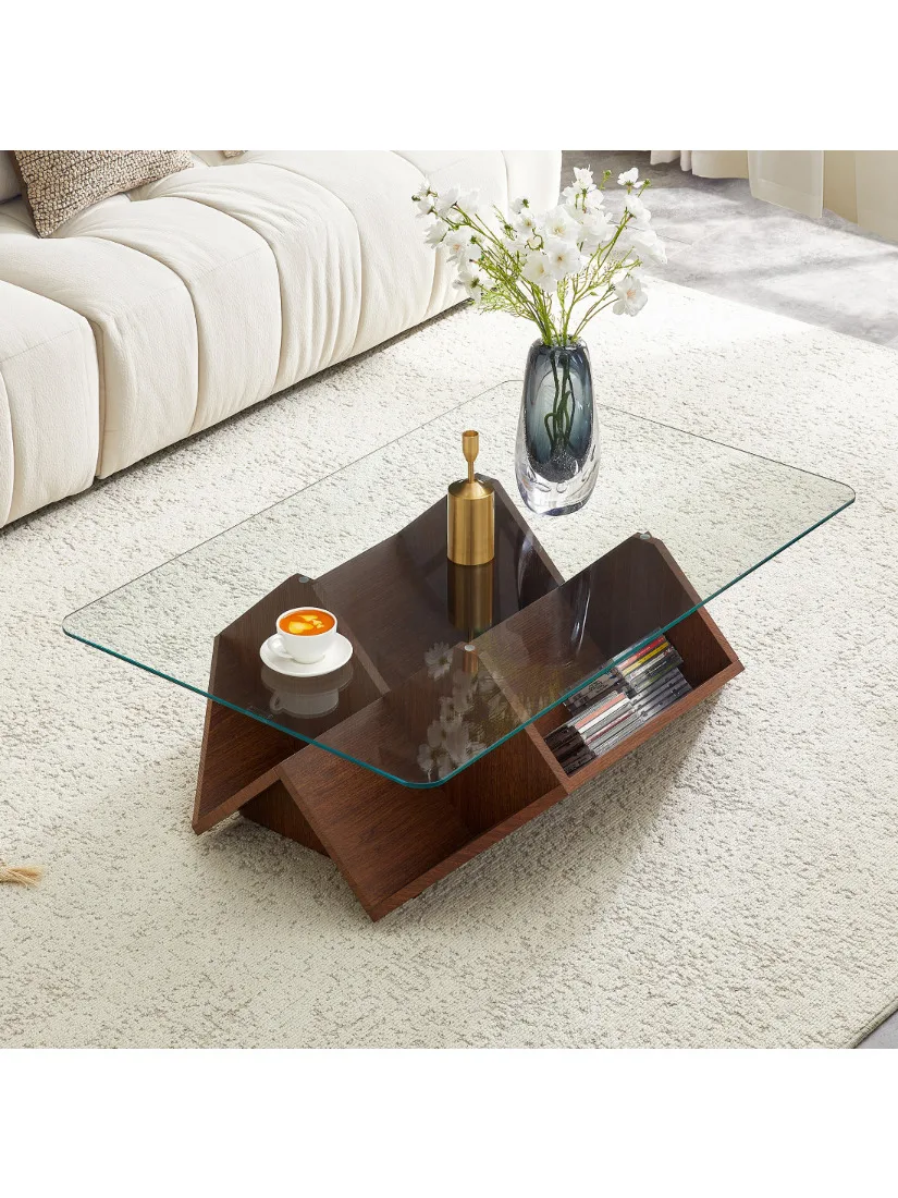 Multi-opberg salontafel in walnoot afwerking, gehard glas & MDF, ruime opbergvakken - afbeelding 2