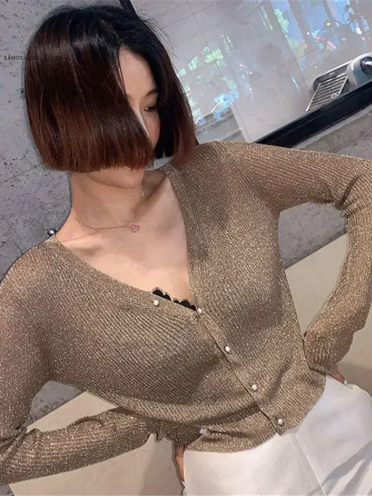 Zik Hekiy Pearl Button Women\'s Bright Silk Thin Sweater Coat Sexy V-Neck Knitted Sweater Top Gold and Silver Knitted Cardigan