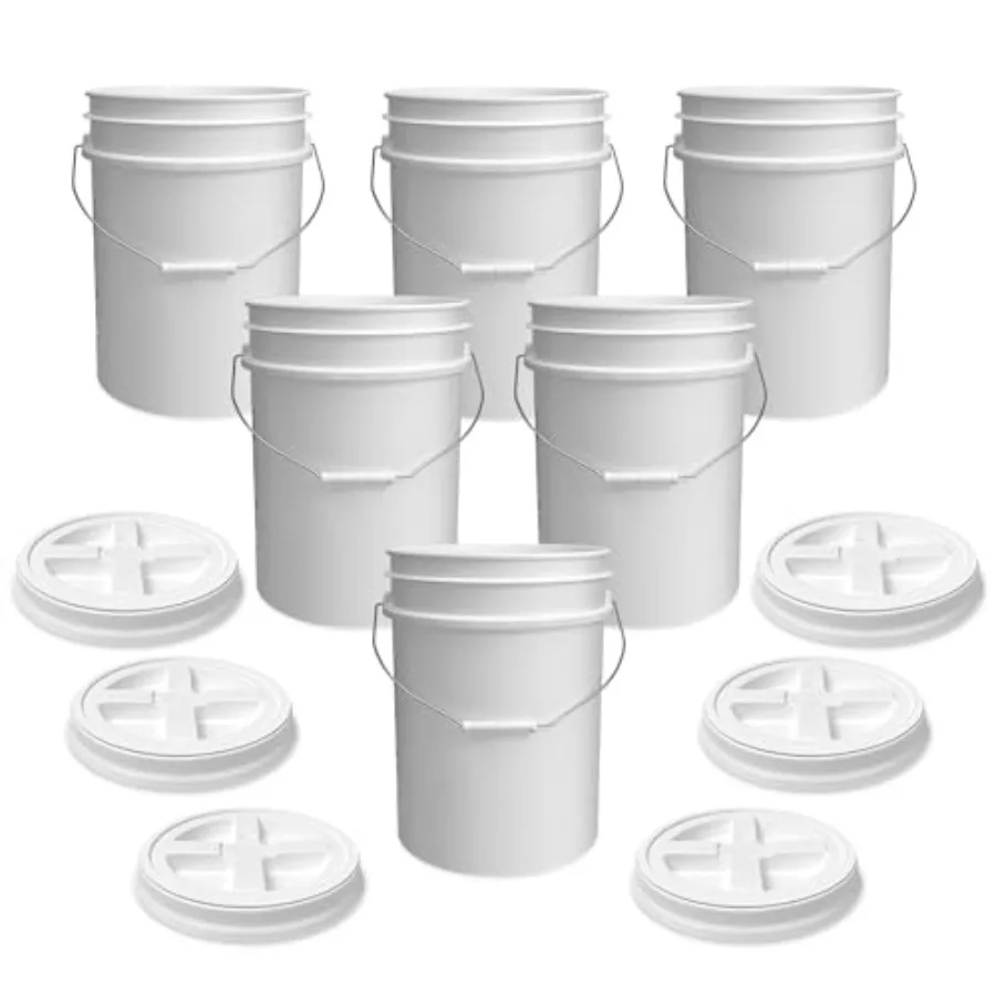 

5 Gallon White Bucket with White Gamma Seal Screw on Airtight Lid Made in USA Food Grade Heavy-Duty HPDE Plastic Durable 90 M