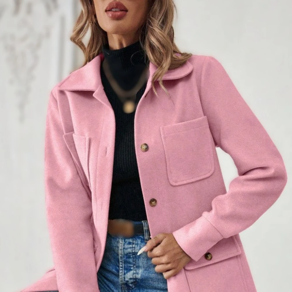Regular Fit Womens Trench Coat Featuring Solid Pattern Lapel Collar Four Pockets and Thickened Wool Blend Composition