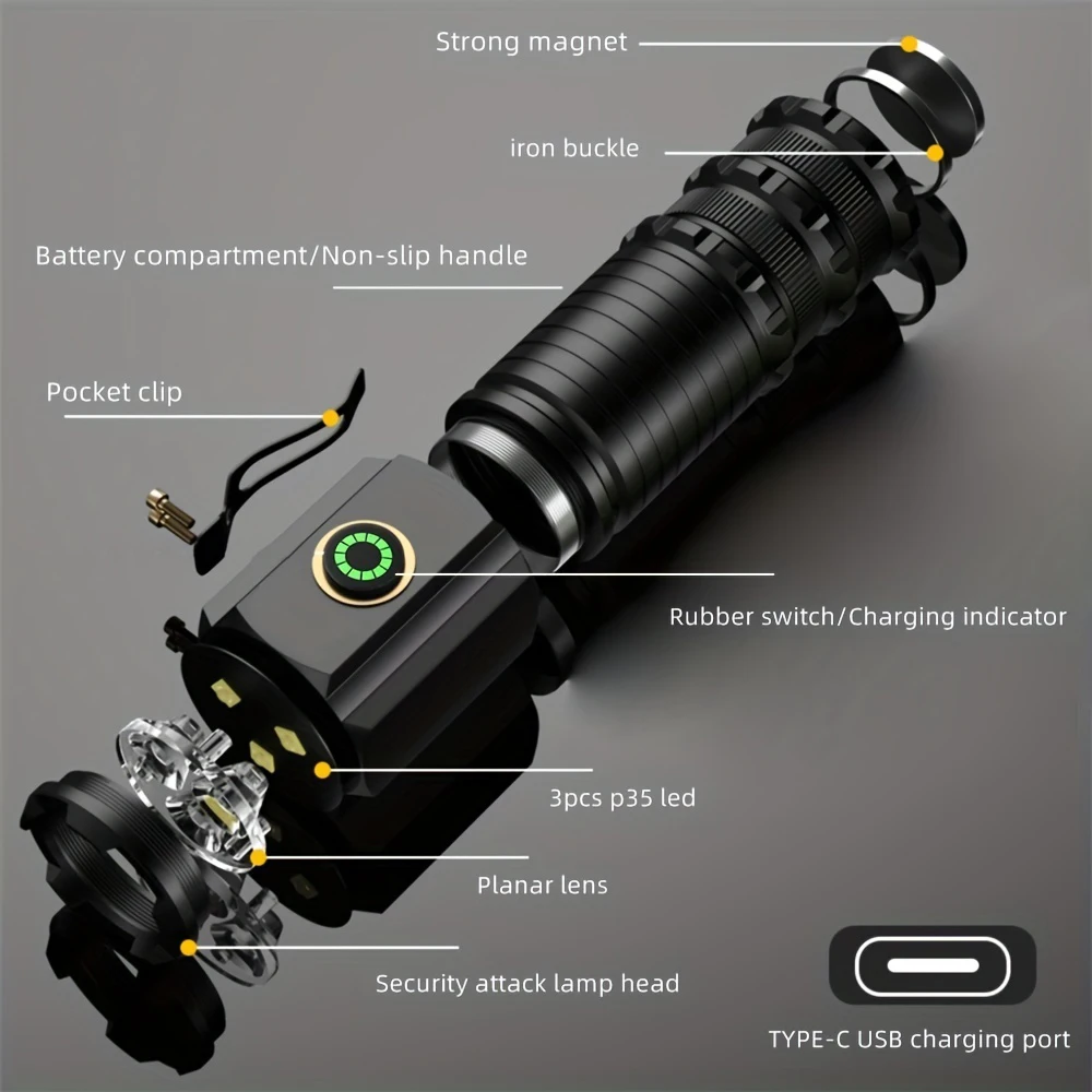 High Power Led Flashlights Type-C USB Rechargeable EDC Flashlight Portable Pocket Torch Light for Outdoor Hiking Camping Lantern