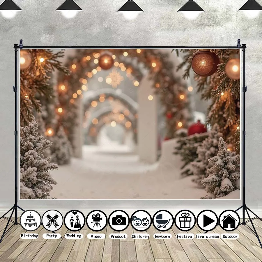 

MOON.QG Magical Christmas Snow Photo Background Forest Path Glowing Trees Backdrops For Photography Family Photozone Wallpaper