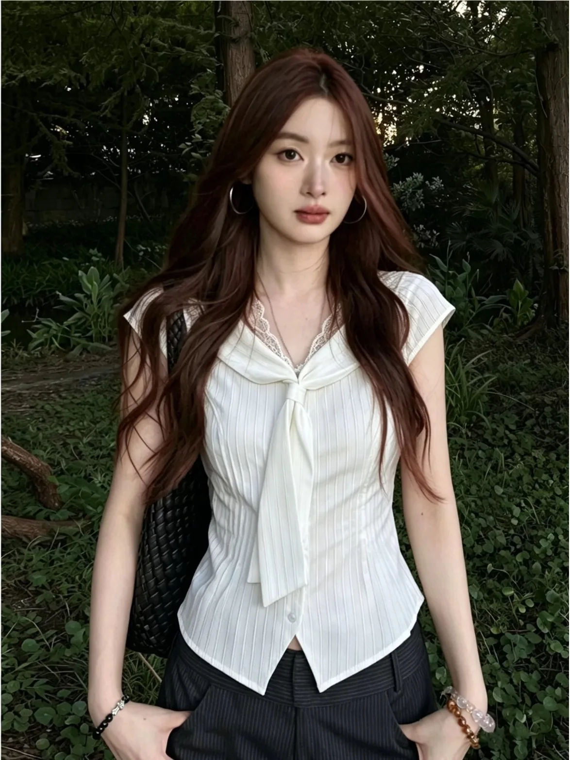 

Korean Style V-Neck Short Sleeve Lace Trim Striped Women's Shirt Slimming Top Summer Fashion Casual Wear Polyester Fiber