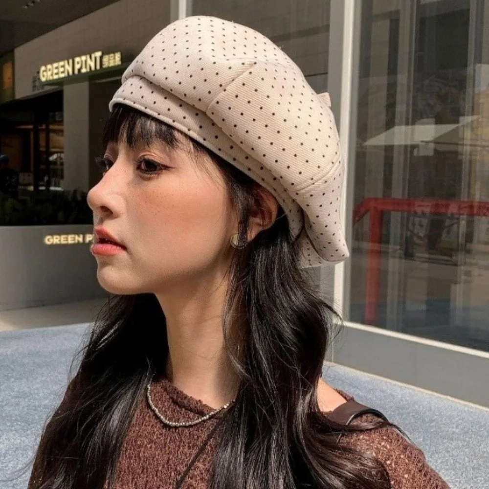 

Artistic Cotton Polka Dot Beret Hat Korean Style Keep Warm Women Painter Hat Versatile Cloud Hat Women Octagonal Cap Artist