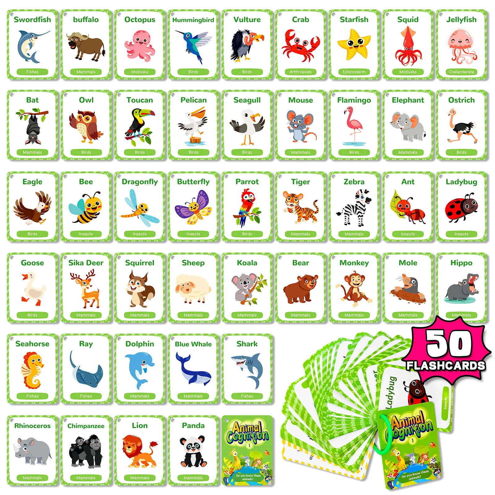 50PCS Animal Cognition Flash Cards Children's Early Education Word Recognition Paper Cards English Learning Educational Toys