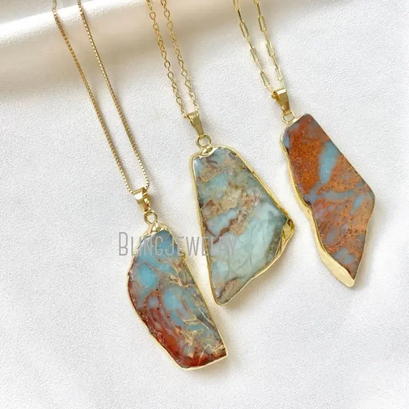 10pcs Aqua Blue Desert Ocean Jasper Pendant Necklace Natural Stone Slice Mothers Day Gift Women Jewelry