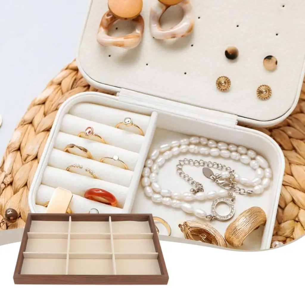 Jewelry Storage Tray Wood Frame Flannel Interior Decorative Trinket Dish for Women Necklace Earring Bracelet Holder