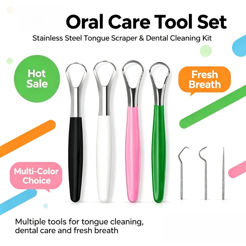 4/7Pcs Stainless Steel Tongue Scraper & Dental Pick Set,Multi-Color Handle Tongue Cleaner,Reusable Tongue Coating Remover Home
