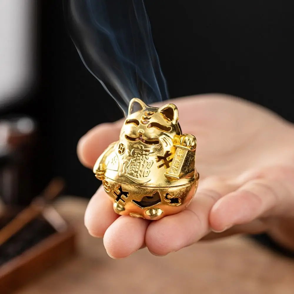 Hollowed Out Patterns Lucky Cat Incense Burner Golden Air Purification Auspicious Cloud Incense Censer Mini Cat Alloy Sandalwood