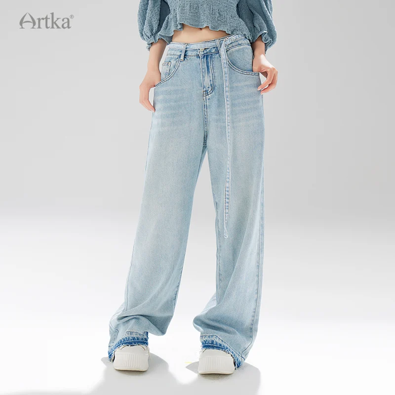 ARTKA 2023 Summer New Women Jeans Fashion High Waist Loose Jeans Wide Leg Washed Straight Denim Trousers With Belt KN92235X