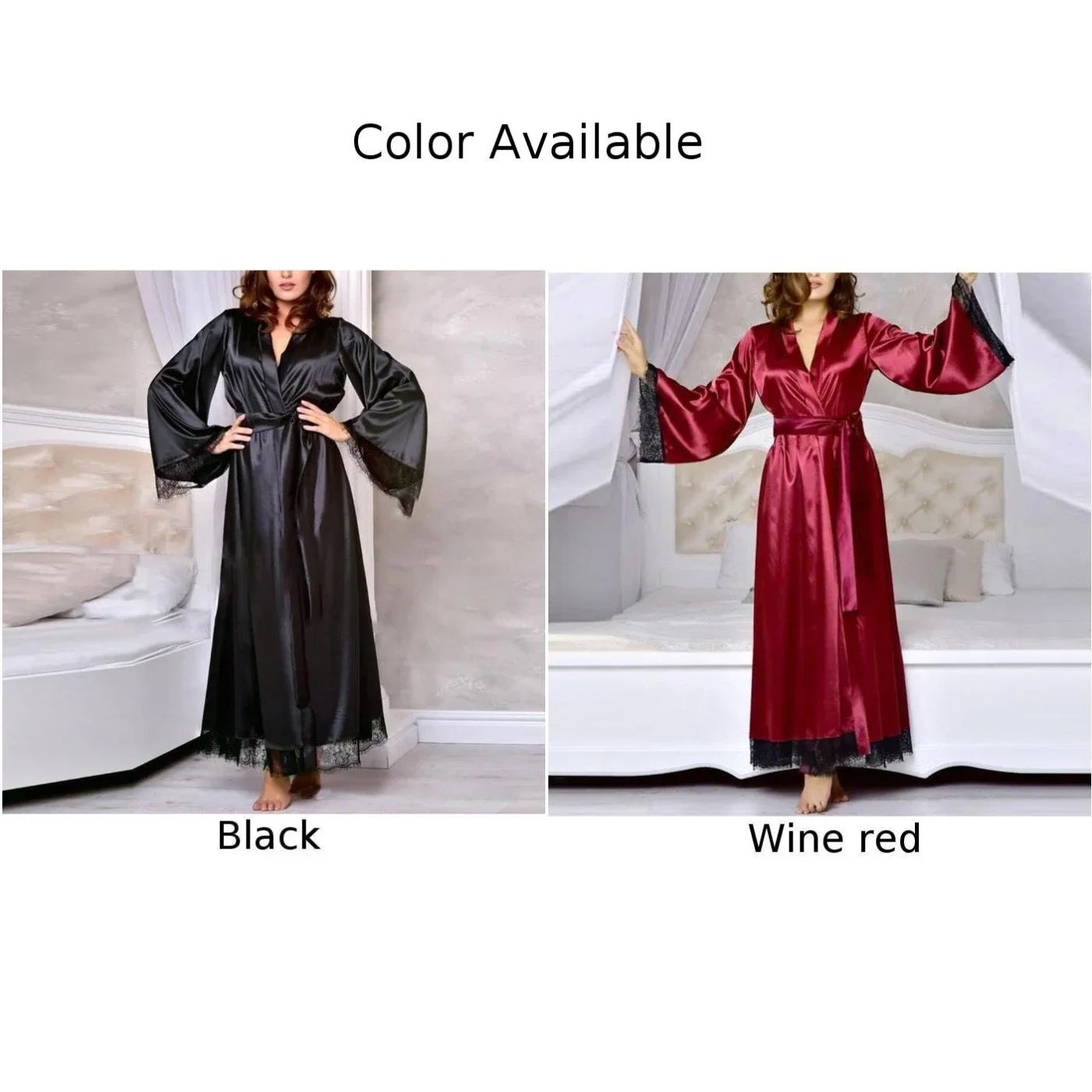 Roupão longo sexy de cetim de seda feminino, camisola com laço, robe de quimono, camisola romance, pijamas, roupa de casa