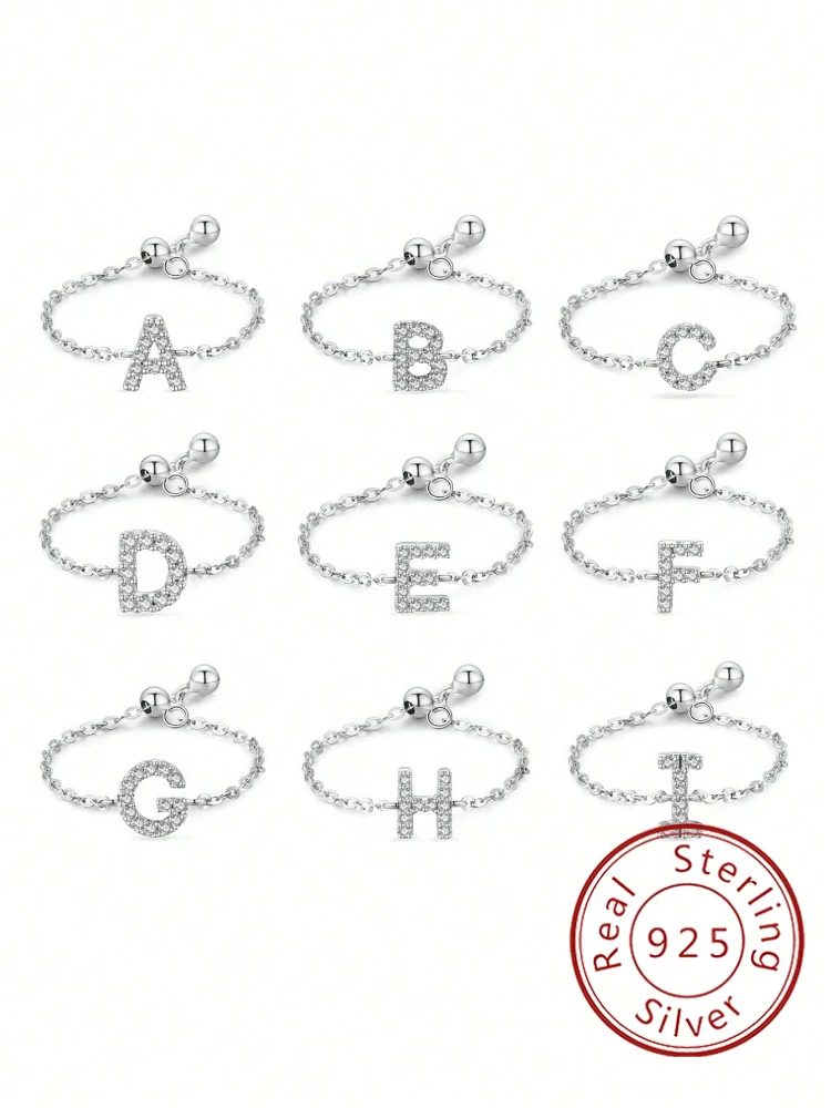 

925 Sterling Silver Fashion Letter Chain Adjustable Full Zircon Ring For Women Party Personalized High Quality Fine Jewelry