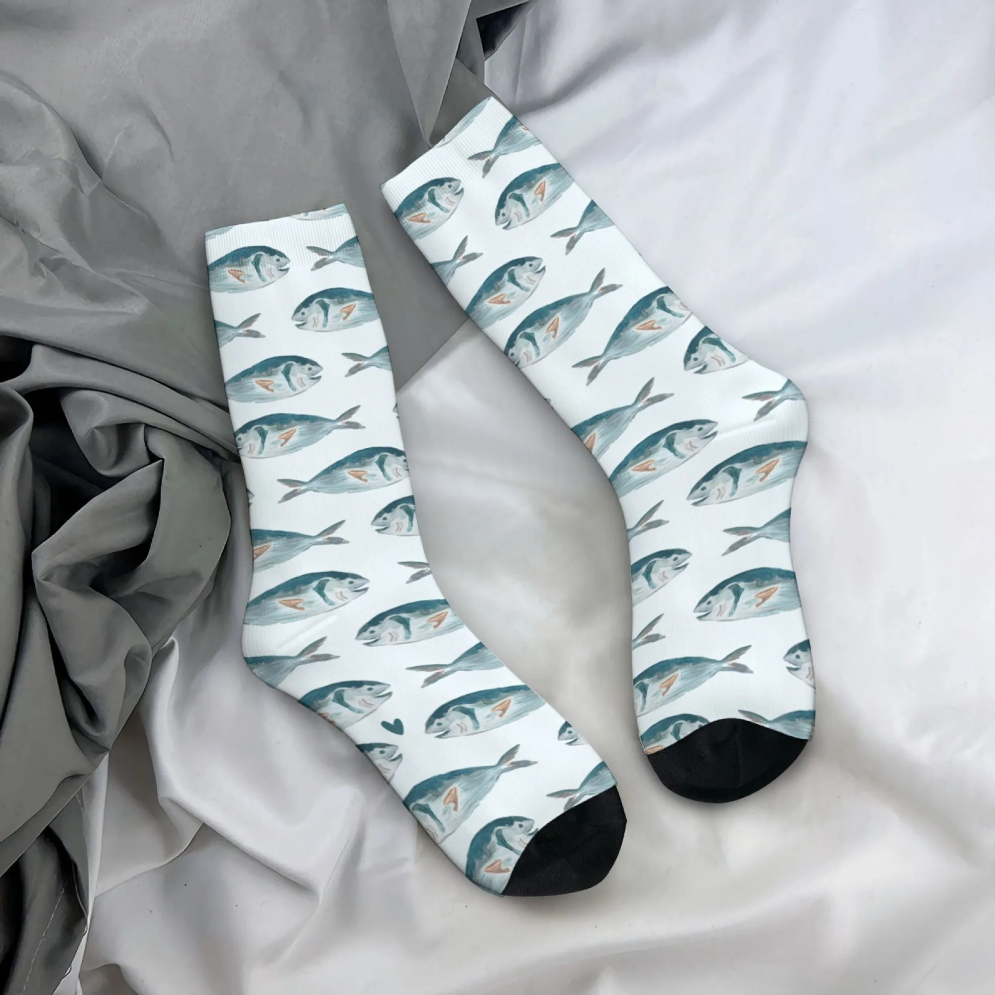 Lustige Herrensocken mit Aquarell-Fischmuster im Ozean-Stil, bequeme, atmungsaktive, rutschfeste Freizeitsocken, perfekt für verrückte Partys.