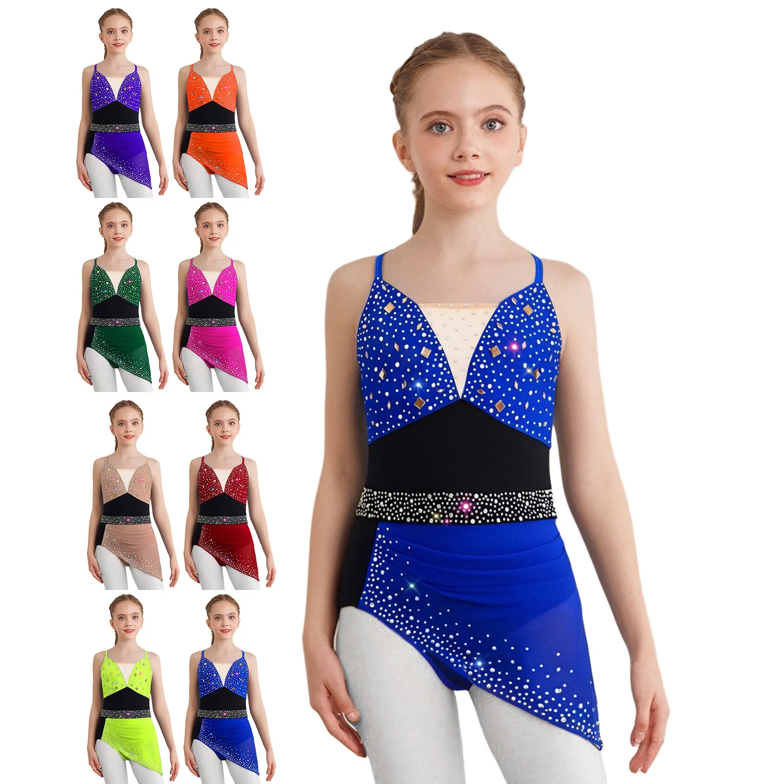 Kids Girls Figure Skating Lyrical Ballet Dance Performance Costume Spaghetti Straps Rhinestone Waltz Ballroom Ballet Dance Dress