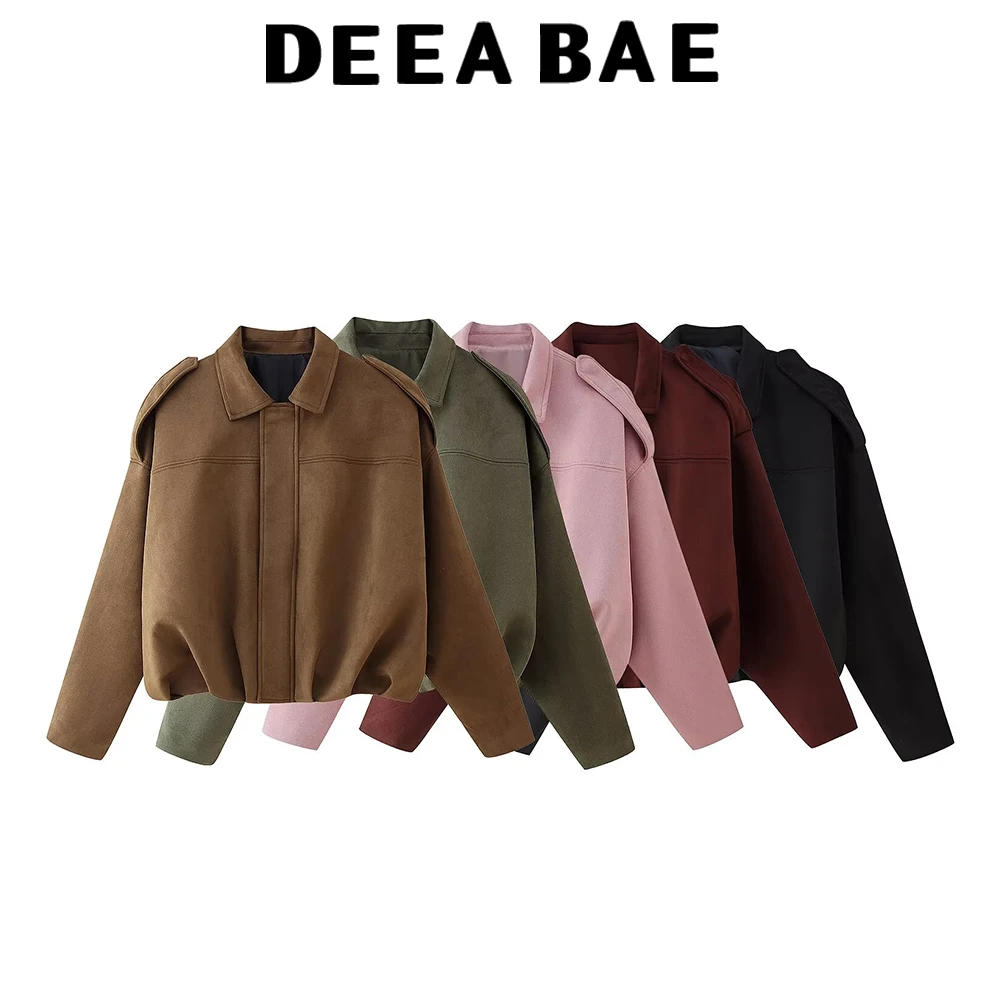 

DEEABAE Autumn New Product Women's Fashion Simple Bat Sleeve Flip Collar Suede Texture Effect Pilot Jacket Coat