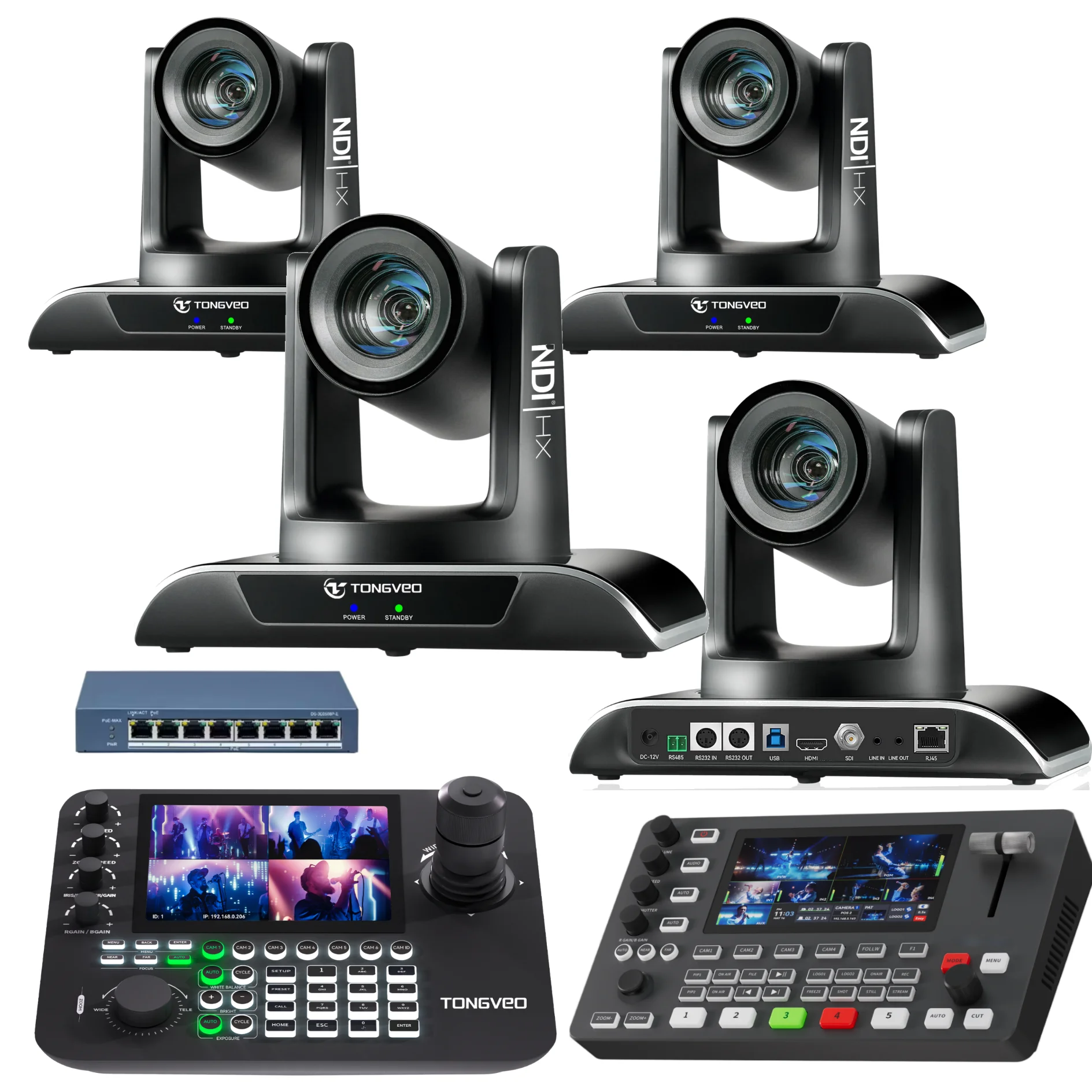 Auto Tracking 30X Optical Zoom NDI PTZ Live Streaming Camera Kit+Video Switcher+4-Split Screen Joystick Controller+POE Switch