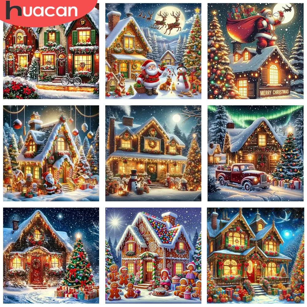 HUACAN Volldiamantgemälde, Weihnachtsgeschenk, Kunstset, voller Bohrer, Diamantmosaik, Haus, Winter, Weihnachtsmann, alle Dekoration